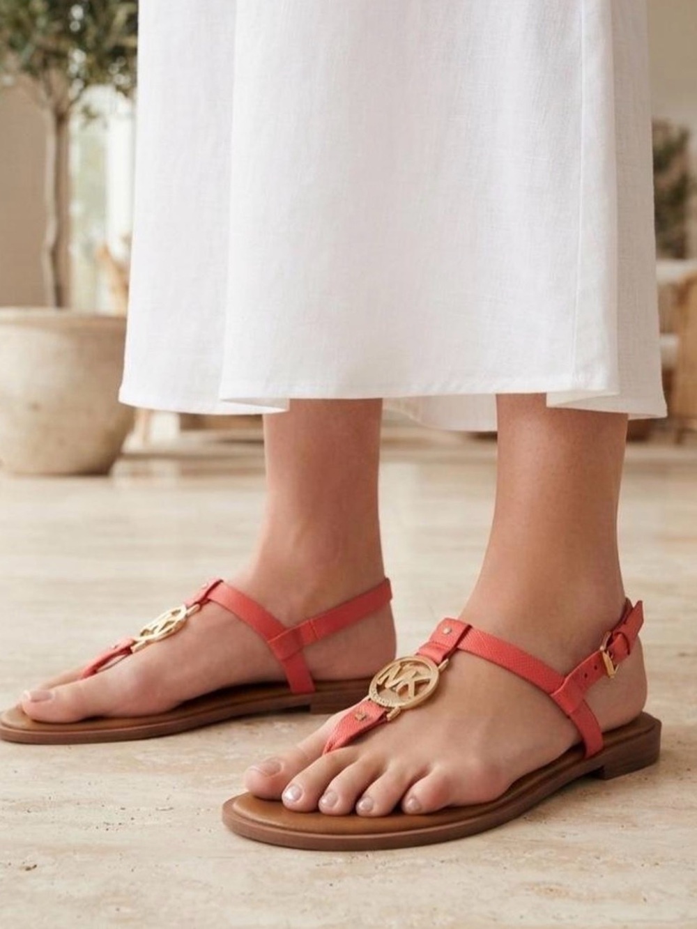 Michael Kors Coral Leather Logo T-Strap Sandals